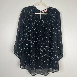 Evri Heart Novelty Print Smocked Neckline Keyhole Back Flowy Loose Blouse Top